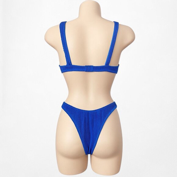 Nasty Gal Blue Ribbed Knit Two Piece Bikini Swim Suit Bathing Suit Size S - Picture 5 of 6